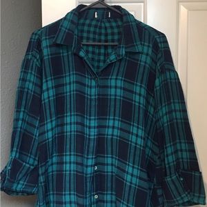 Umgee brand; turquoise and navy plaid top; size oversized medium;regular large